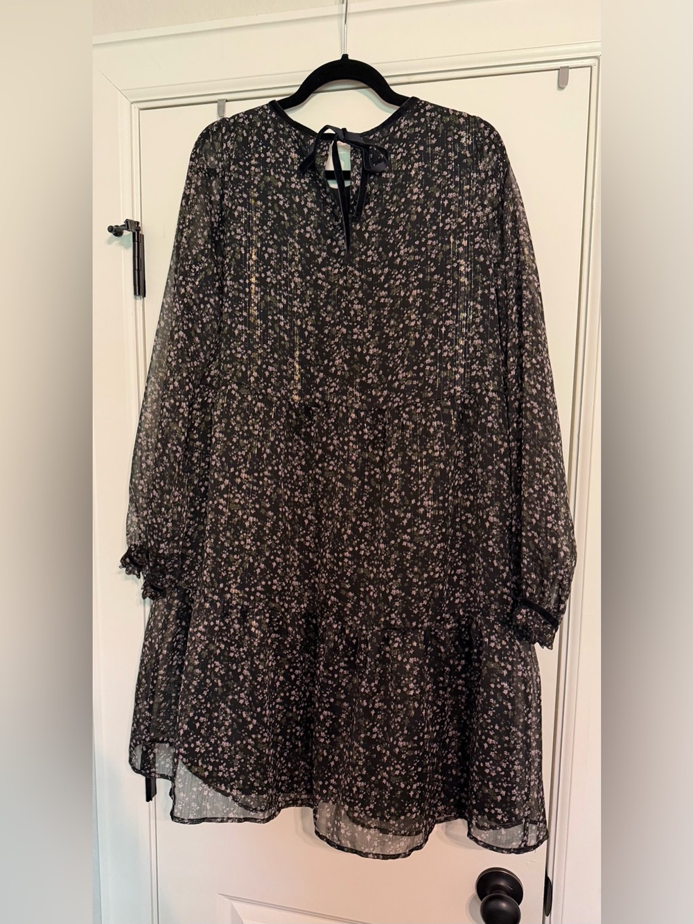 LOFT Black Floral Long-Sleeve Tiered Chiffon Dress